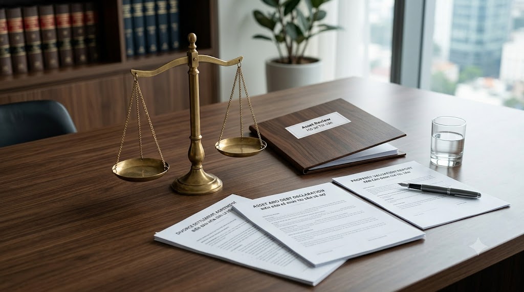 Divorce papers and asset documents beside a balanced legal scale