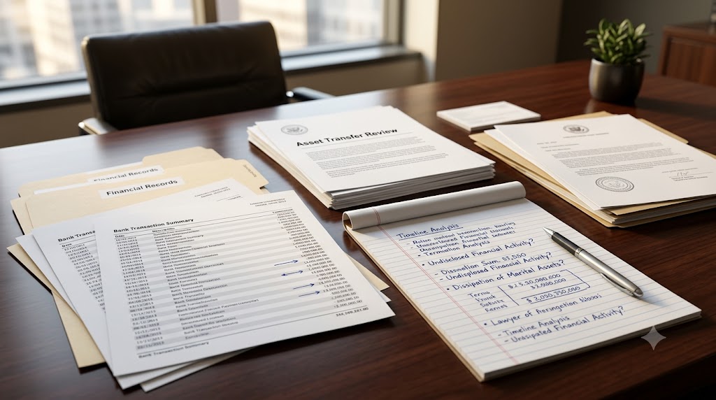 Financial records and asset transfer documents reviewed in a legal office