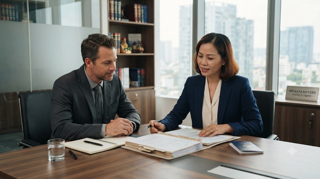 Lawyer advising an international client about divorce procedures in Vietnam