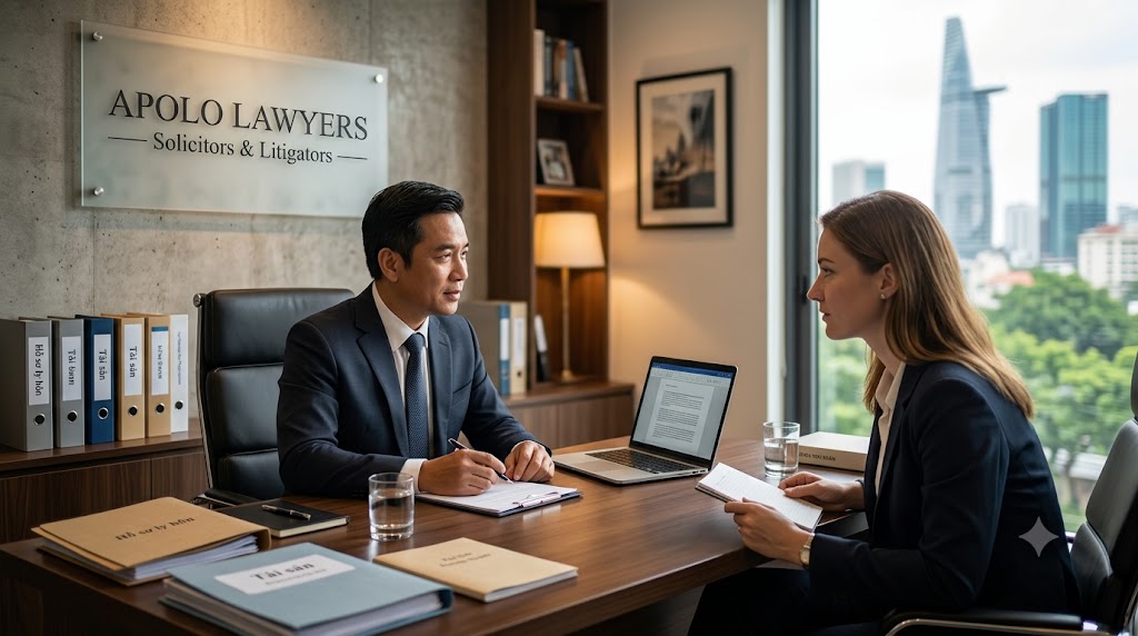 Professional lawyer advising international clients in a calm office setting