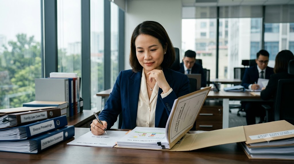 Lawyer reviewing child custody factors in Vietnam divorce proceedings