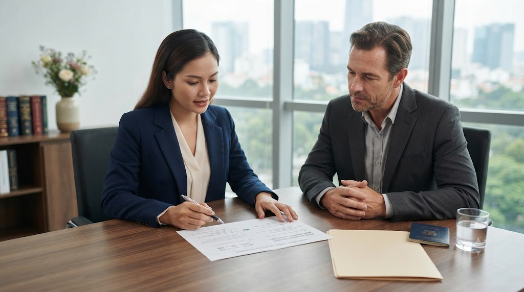 Lawyer helping a foreign client identify the appropriate divorce procedure
