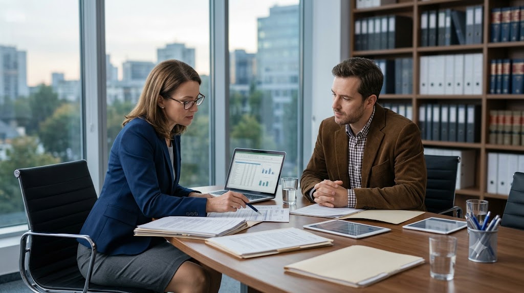 Lawyer reviewing divorce property documents with a client