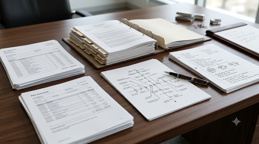 Organized legal file with bank records and property notes
