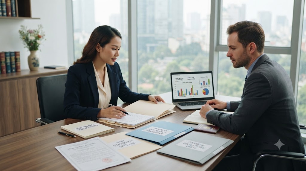 Lawyer reviewing property and debt documents in a Vietnam divorce case