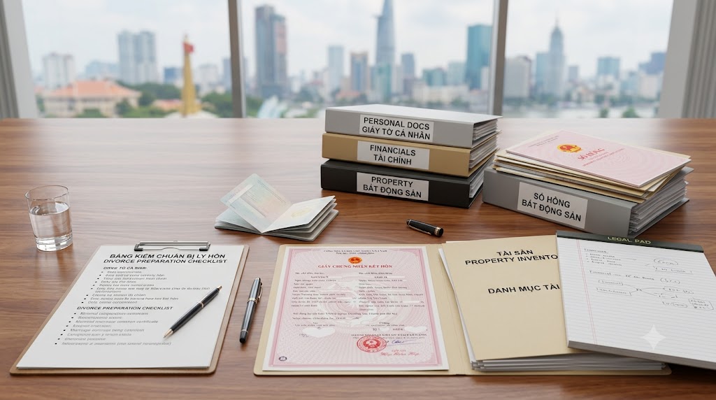 Divorce checklist with passport, marriage certificate, and property inventory