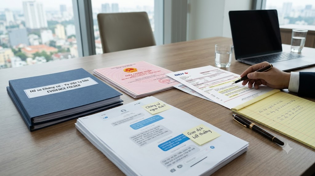 Evidence folder with phone message printouts and bank statements