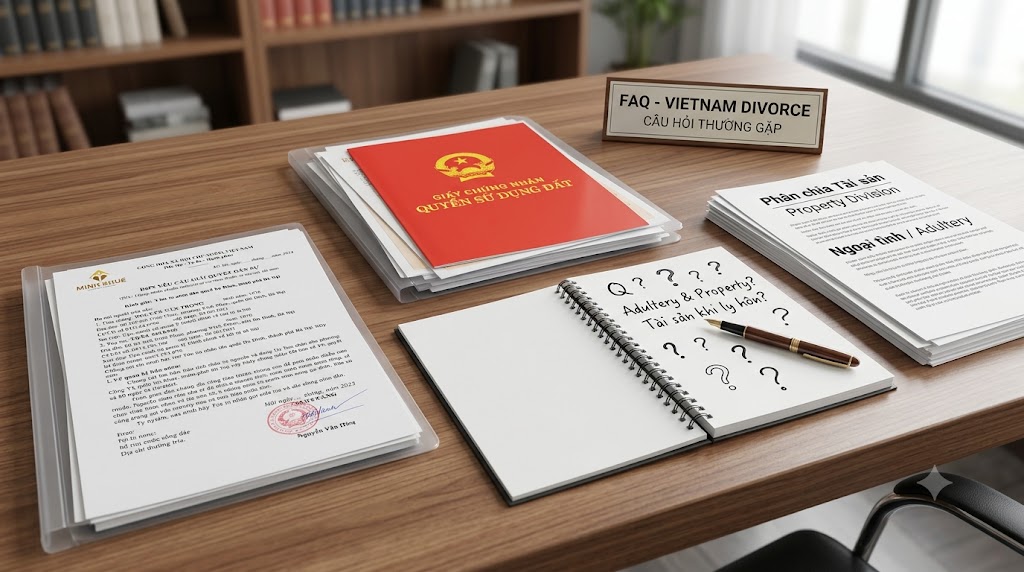 Clean legal FAQ concept with divorce and property documents