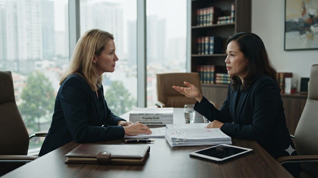 Foreign client consulting a divorce lawyer in Vietnam about marital assets