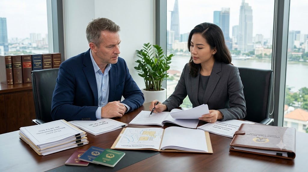 Foreign client discussing cross-border divorce documents with a lawyer