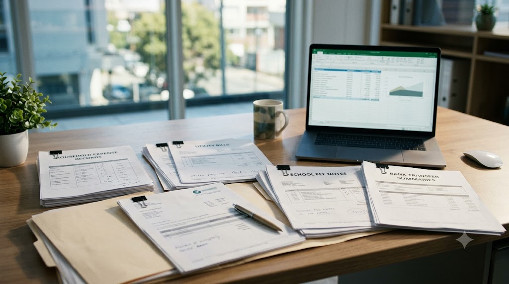 Household expense notes and bank transfer records on a desk