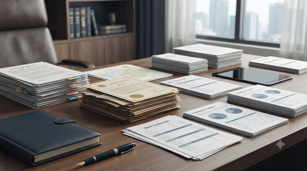 Legal documents and financial records on a lawyer’s desk