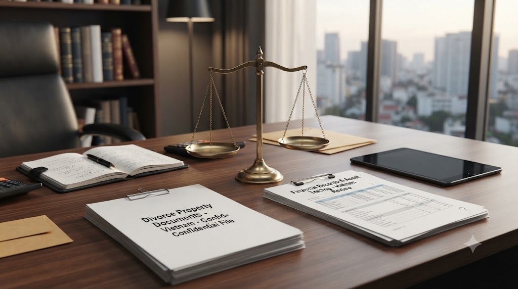 Balanced property division concept with legal documents and scales