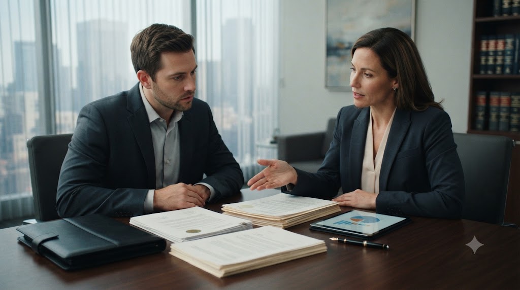 Lawyer explaining asset protection options to a foreign client