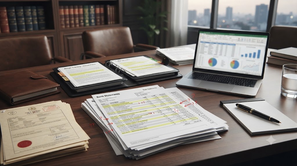 Bank records and property documents showing warning signs of asset transfer