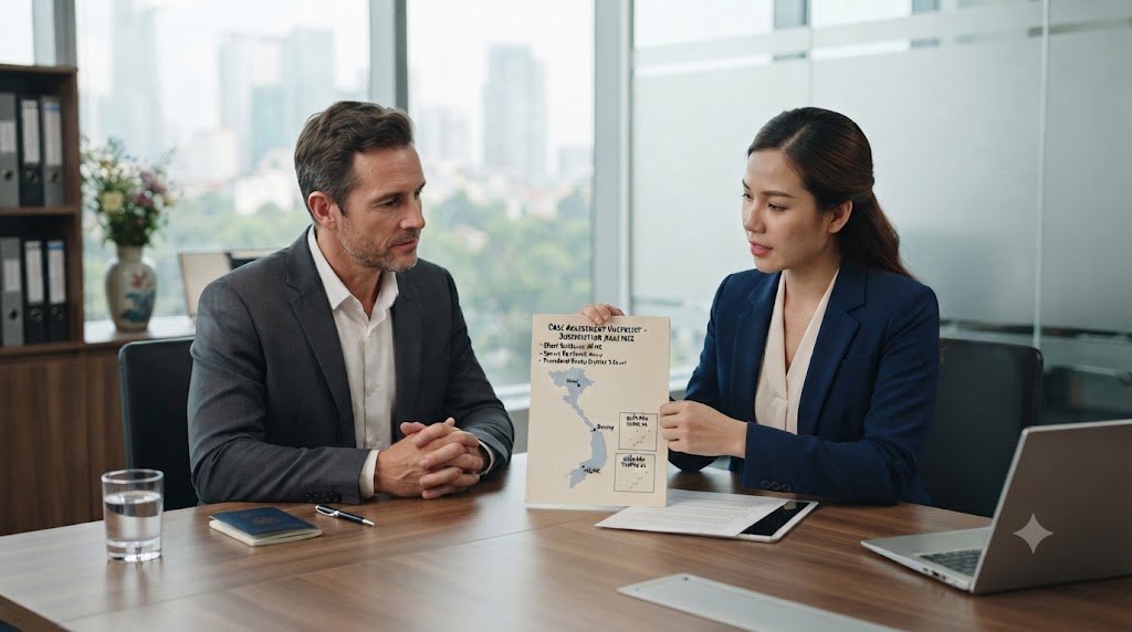 Lawyer reviewing Vietnamese divorce court jurisdiction for a foreign client